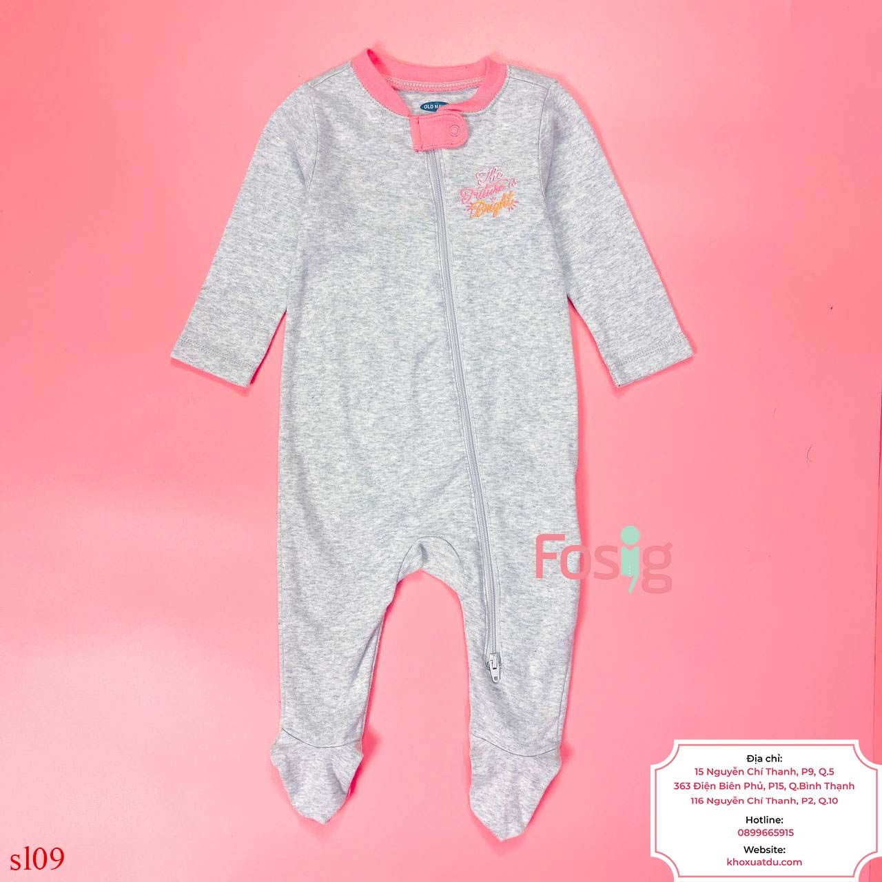  [3-6M] Sleepsuit Khóa Kéo Có Vớ Bé Gái ON - Xám Cổ Hồng 