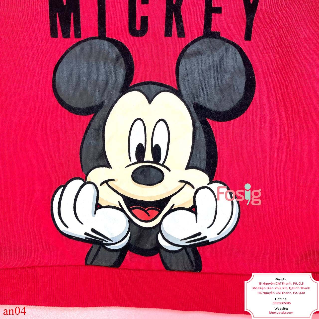  [13-14kg] Áo Nỉ Da Cá Bé Trai - Đỏ Mickey Đen 