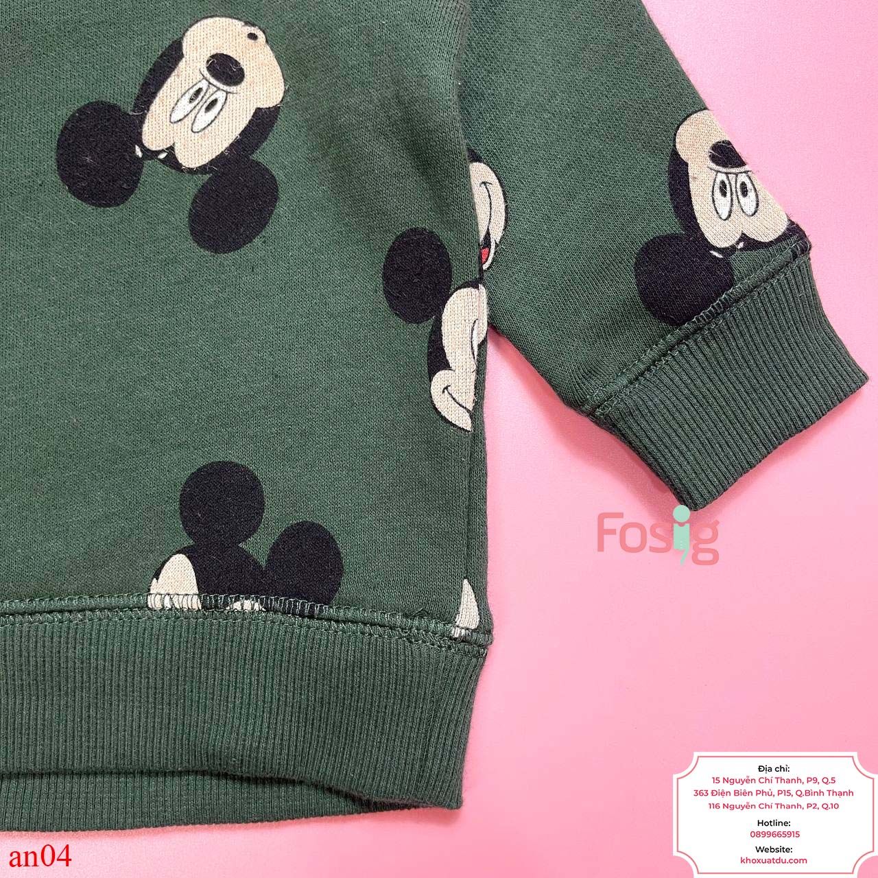  [4-6m] Áo Nỉ Da Cá Bé Trai - Xanh Rêu Mickey 