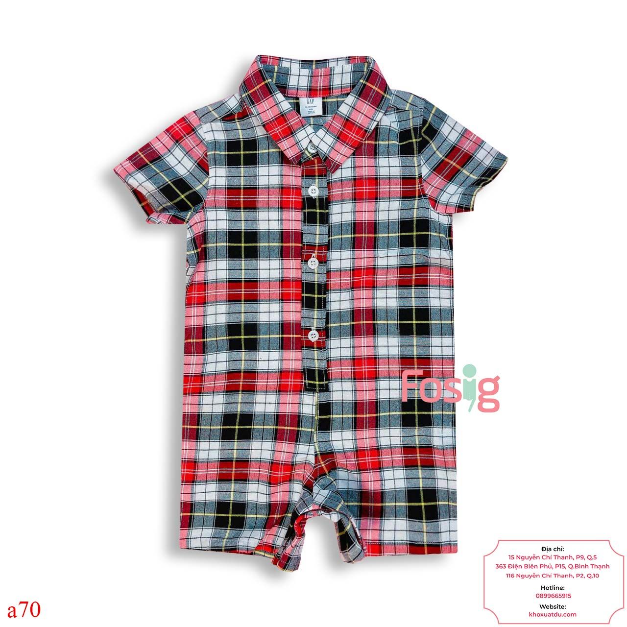  [7-12kg] Romper sơ mi Đùi  Bé Trai Gp - Caro Đen Đỏ 