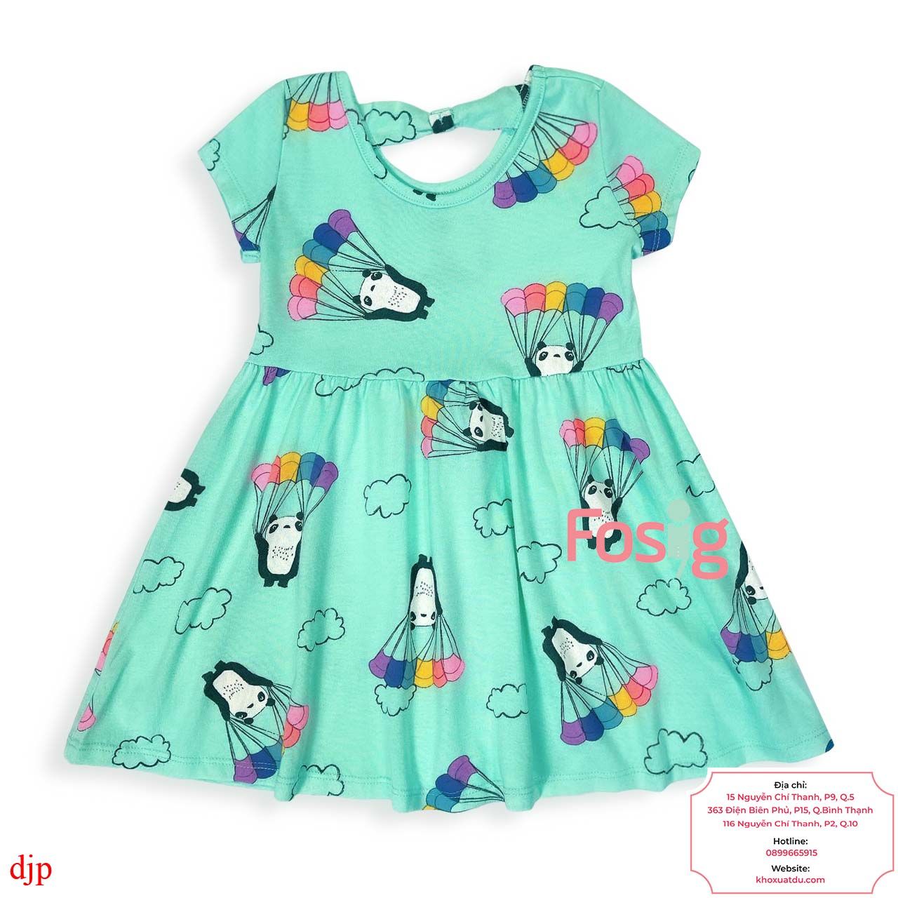  [13-19kg] Đầm Cotton Tay Ngắn Bé Gái JP - Xanh Gấu Trúc 