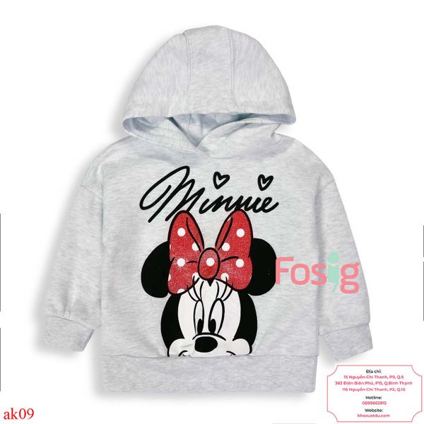  [16-17kg] Áo Hoodie Nỉ PM Bé Gái - Xám Minnie 