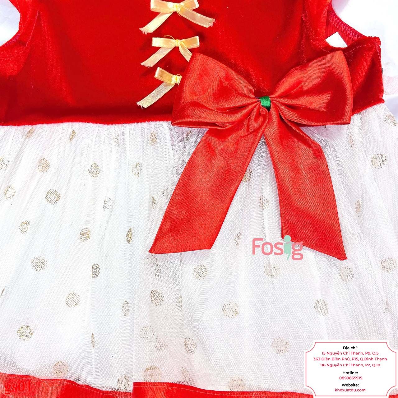  [13-17kg] Đầm Noel Nhung Tay Ngắn Bé Gái - Đỏ Chấm Vàng 