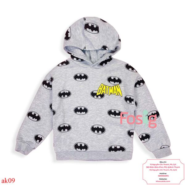  [16-19kg] Áo Hoodie Nỉ PM Bé Trai - Xám Batman Vàng 