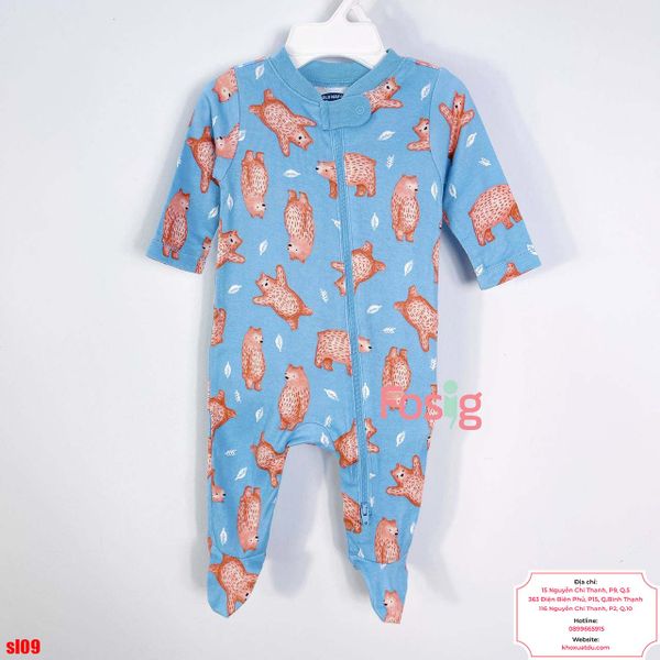  [0-9M] Sleepsuit Khoá Kéo Có Vớ ON Bé Trai - Xanh Gấu Nâu 