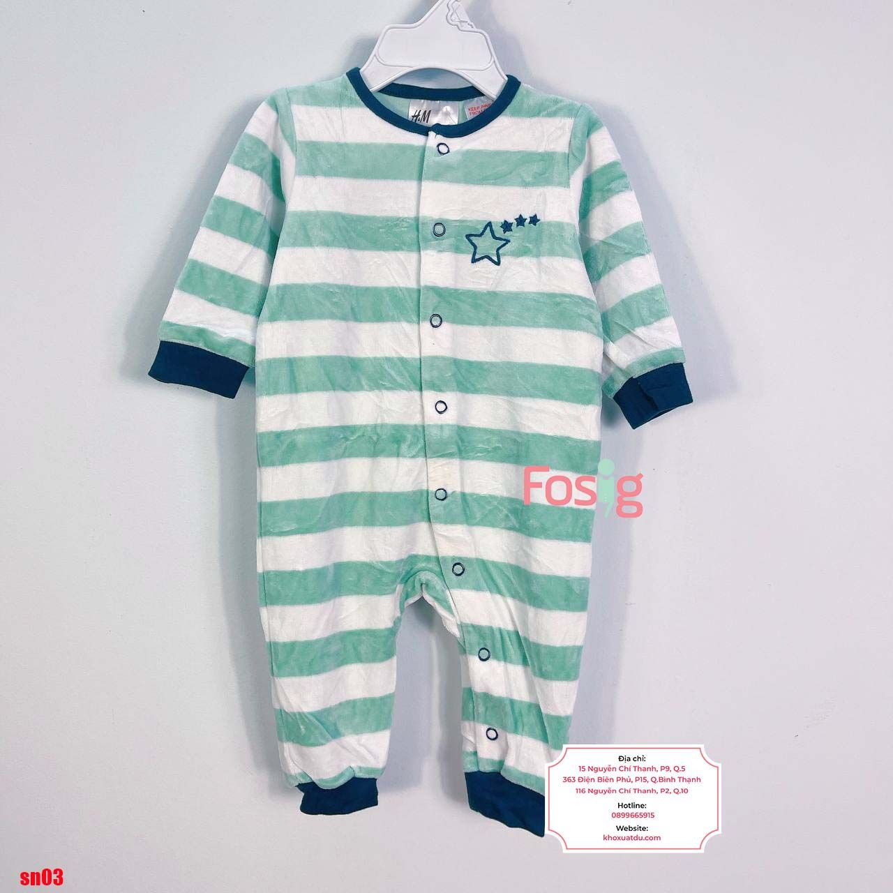  [4-6m] Sleepsuit Nỉ Không Vớ Cúc Bấm Bé Trai - Sọc Xanh Sao 