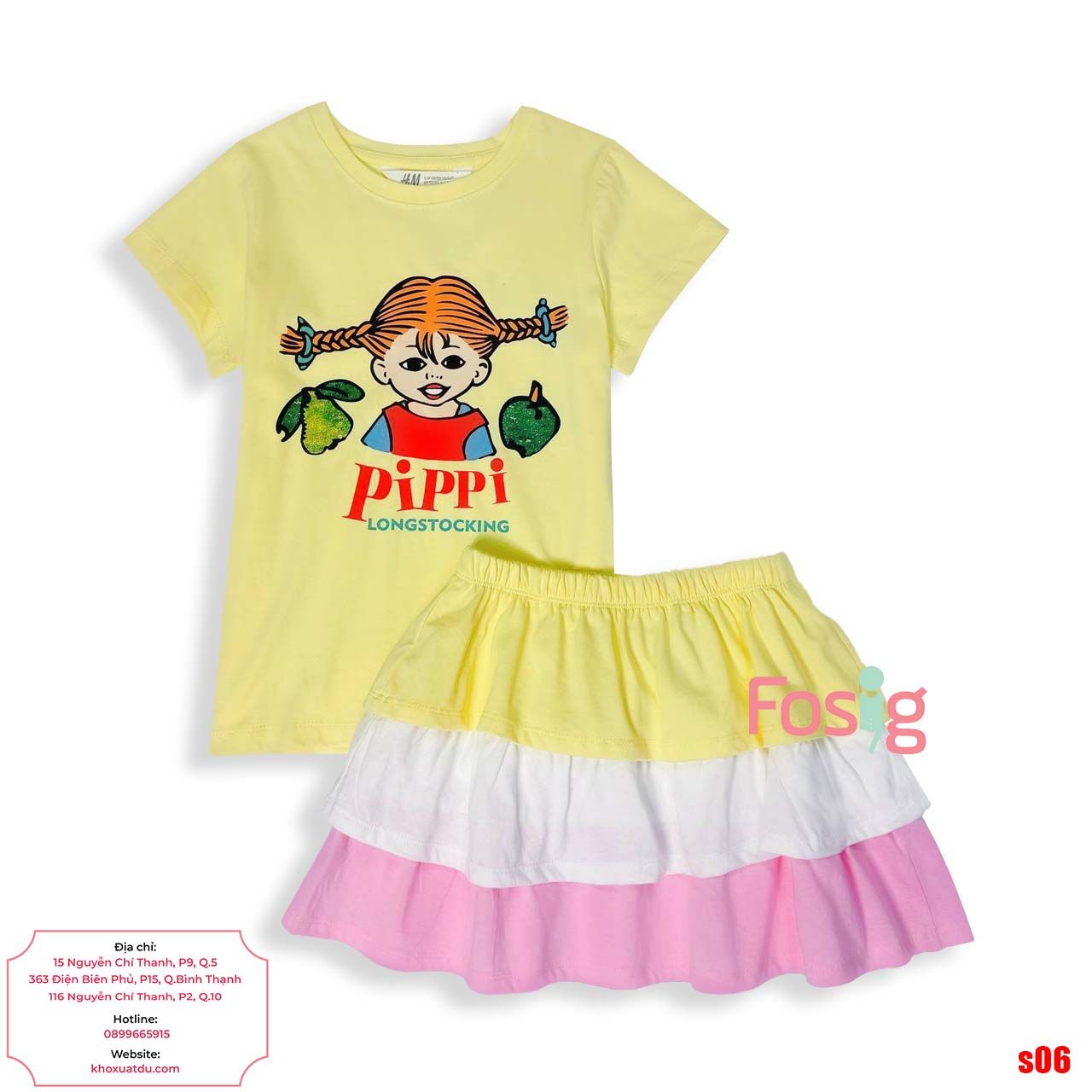  [14-25kg] Set Bộ Áo Chân Váy Bé Gái HM180 - Vàng Bé Pippi 