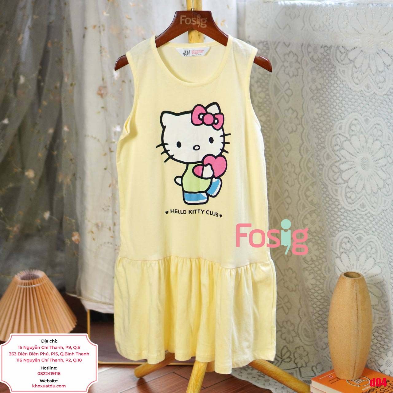  [23-30kg] Đầm Thun Cotton Sát Nách HM Bé Gái - Vàng Hello Kitty 