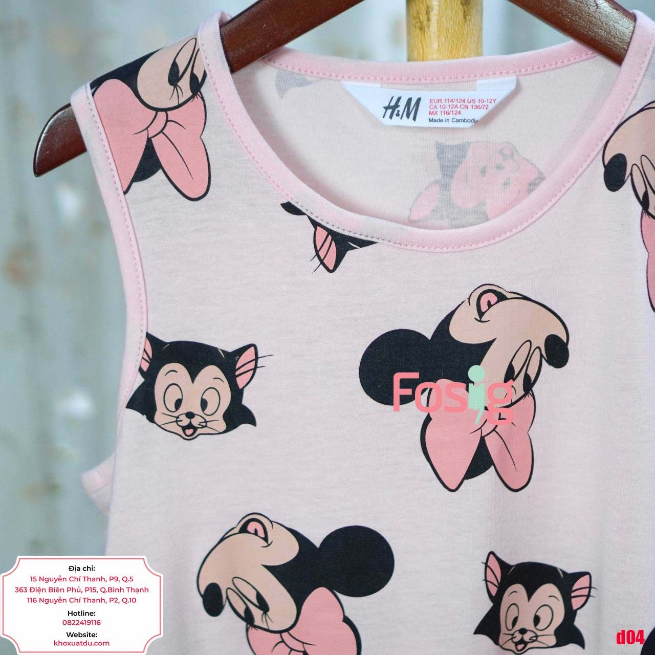  [27-30kg] Đầm Thun Cotton Sát Nách HM Bé Gái - Hồng Nhạt Minnie Cún 