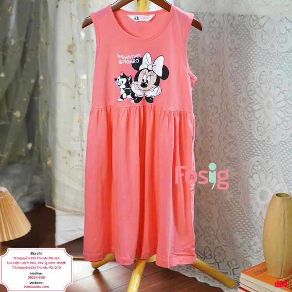  [23-30kg] Đầm Thun Cotton Sát Nách HM Bé Gái - Hồng Đậm Minnie Cún 