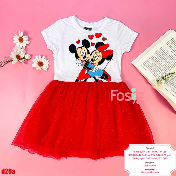  [10-15kg; 18-23kg] Đầm Tay Ngắn Thun Phối Voan Bé Gái - Trắng Mickey Minnie 