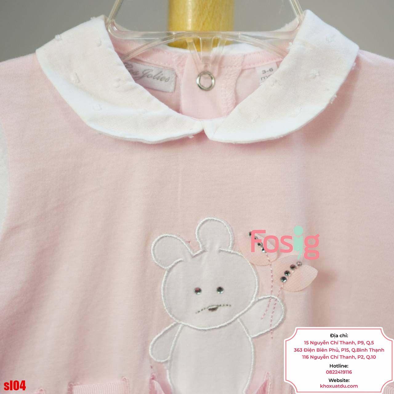  [6-9m] Sleepsuit Có Vớ Bé Gái - Hồng Gấu Nơ Cườm 