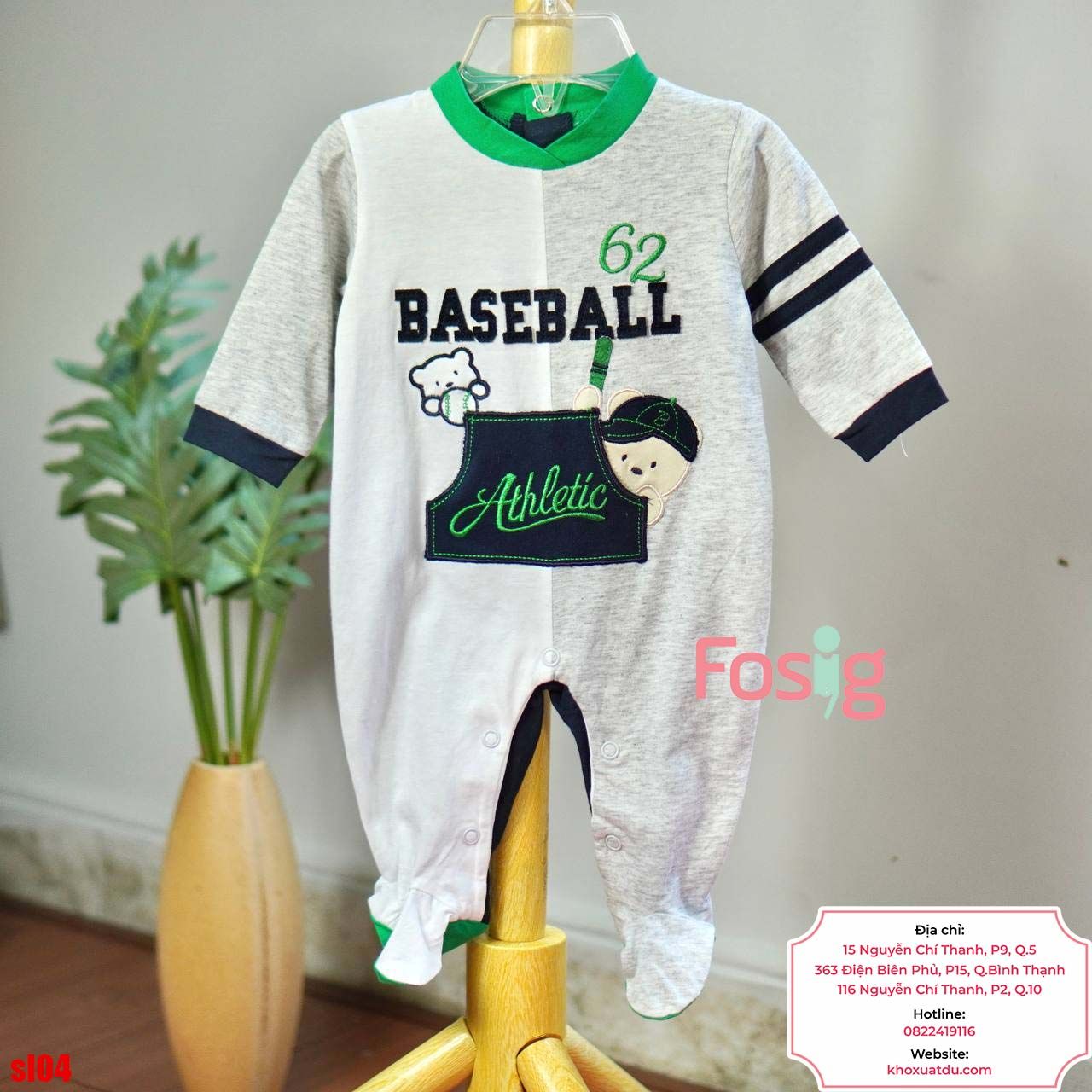  [6m] Sleepsuit Có Vớ Bé Trai - Trắng Xám Baseball 