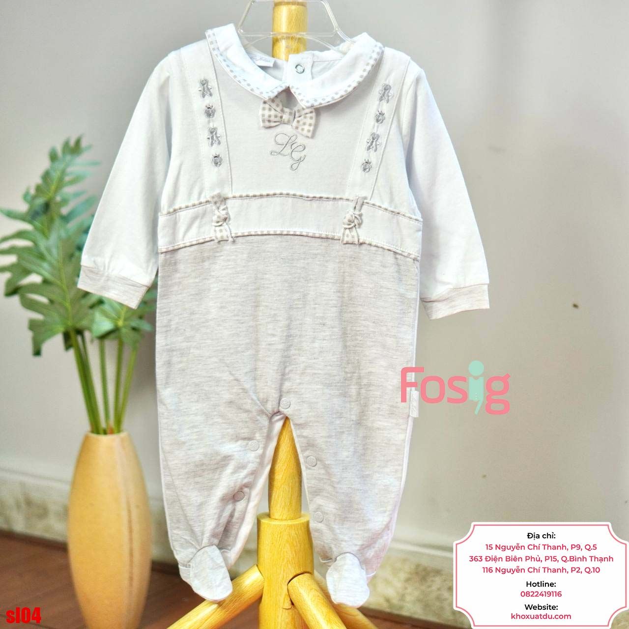  [6m] Sleepsuit Có Vớ Bé Gái - Trắng Xám Nơ Chấm 