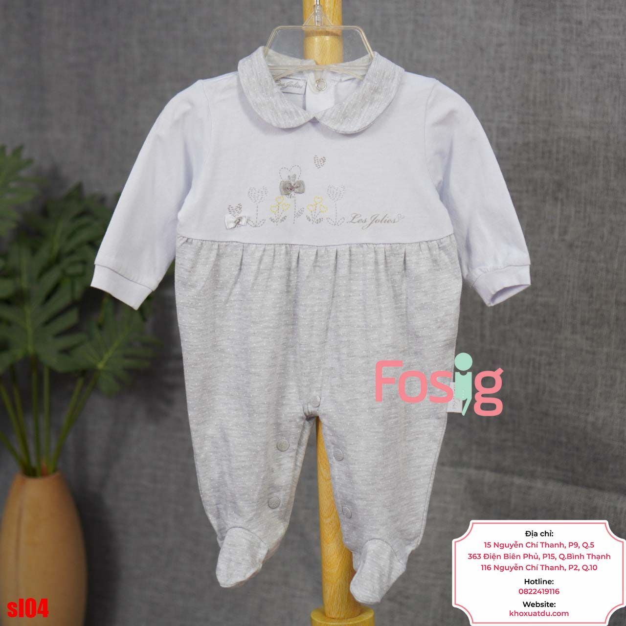  [1m ; 6-9m] Sleepsuit Có Vớ Bé Gái - Trắng Hoa Xám Chấm 