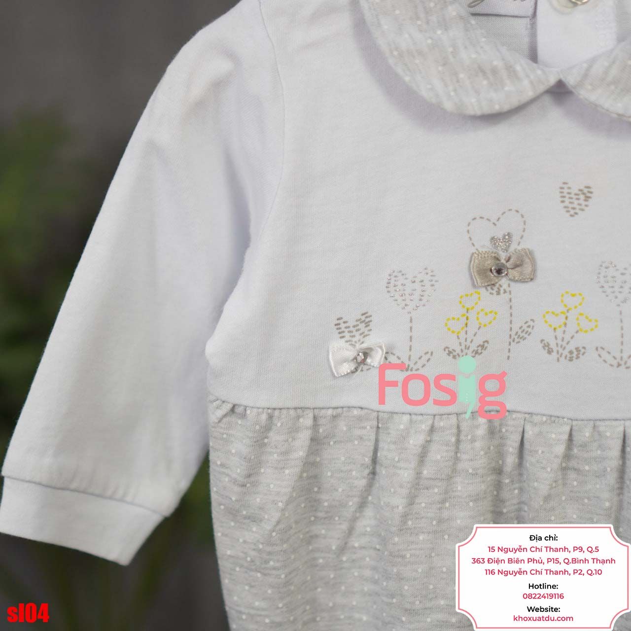  [1m ; 6-9m] Sleepsuit Có Vớ Bé Gái - Trắng Hoa Xám Chấm 