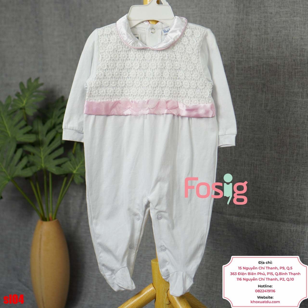  [6-9m] Sleepsuit Có Vớ Bé Gái - Trắng Nơ Hồng 