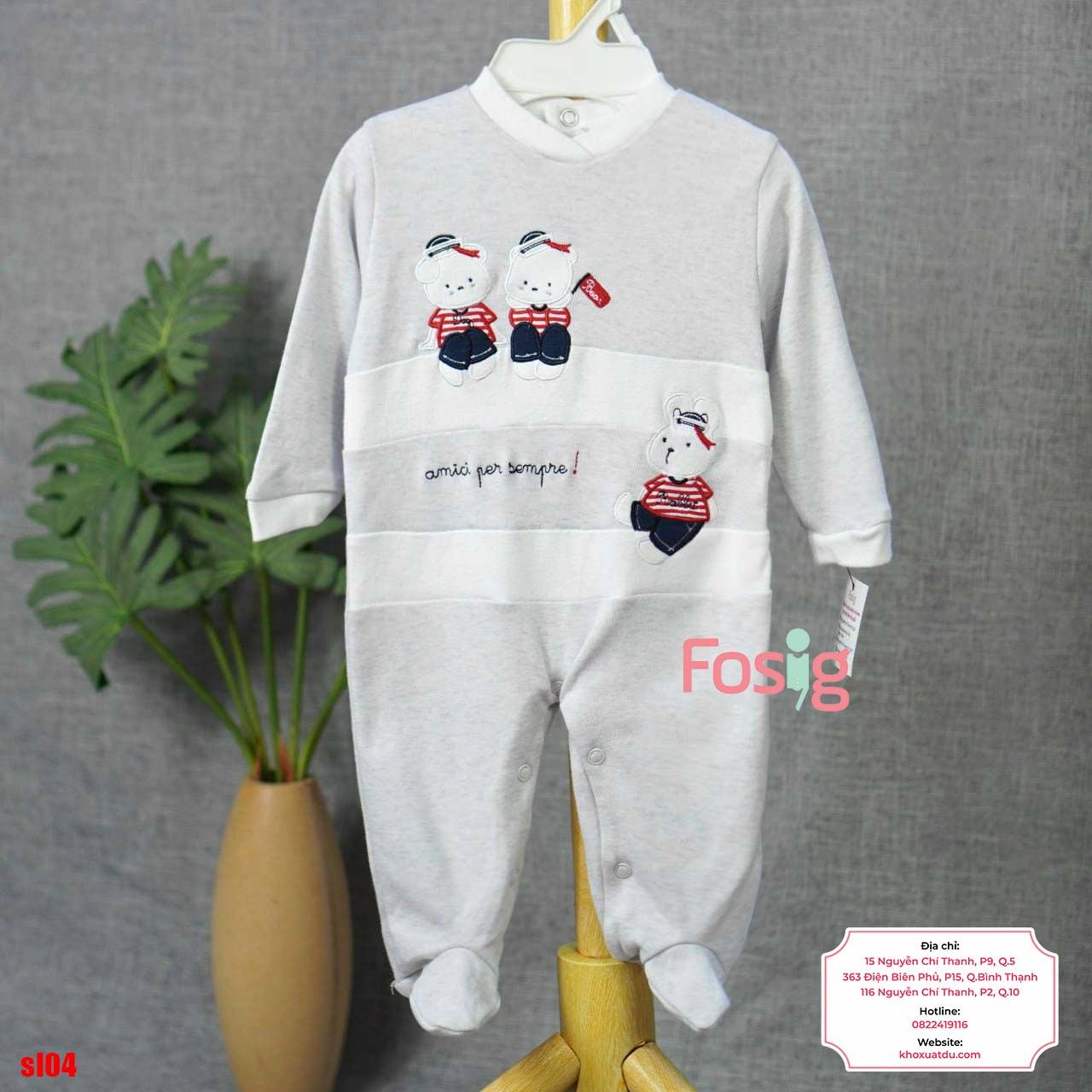  [6-9m] Sleepsuit Có Vớ Bé Trai - Xám Gấu Sọc Đỏ 