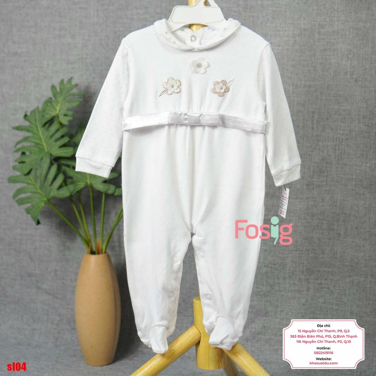  [9m] Sleepsuit Có Vớ Bé Gái - Trắng Hoa Nâu 