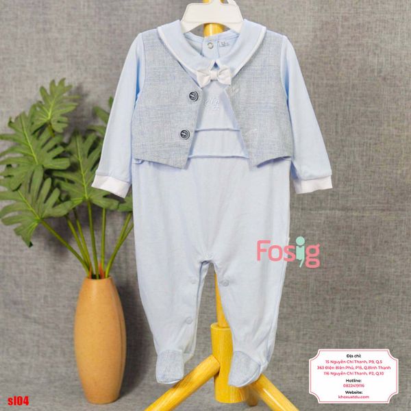  [6m] Sleepsuit Có Vớ Bé Trai - Xanh Nơ Trắng 