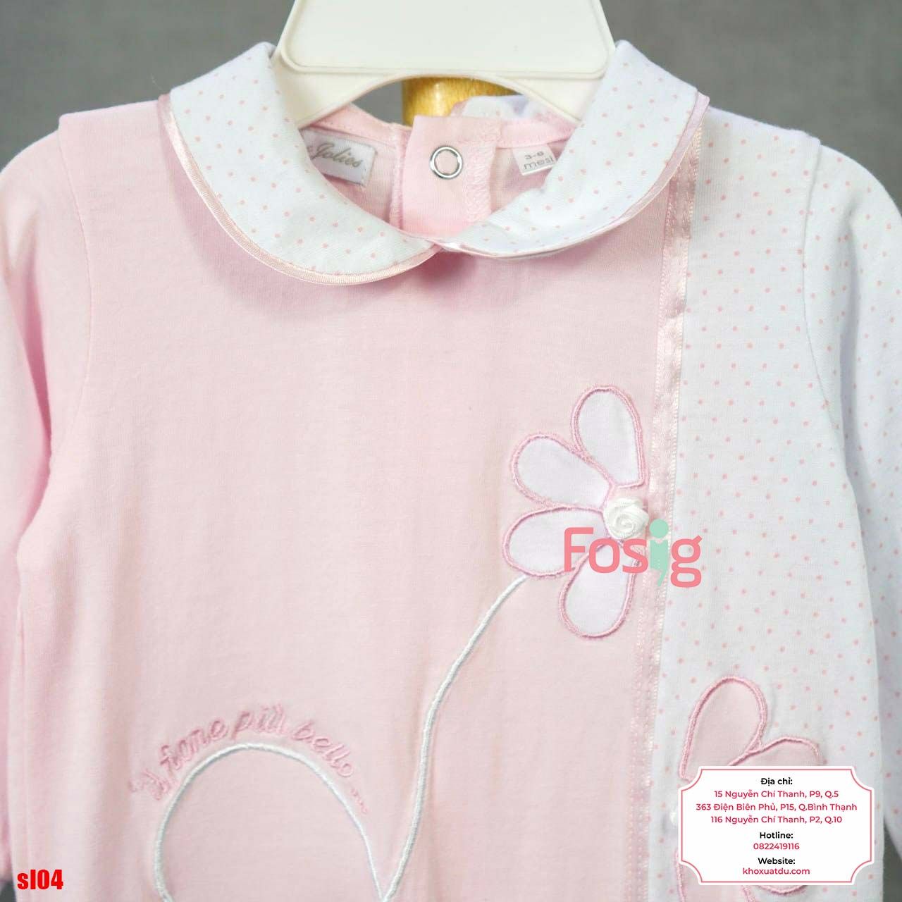  [6m] Sleepsuit Có Vớ Bé Gái - Hồng Hoa Trắng Chấm 