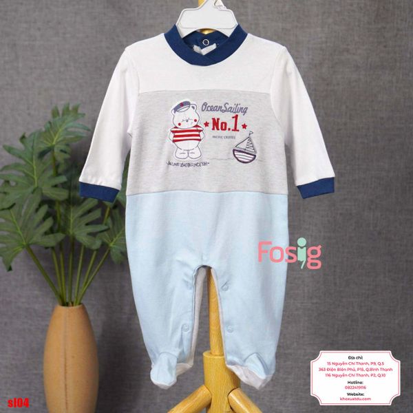  [6m] Sleepsuit Có Vớ Bé Trai - Xám Xanh Gấu Thuyền 