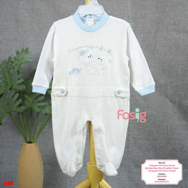  [6-9m] Sleepsuit Có Vớ Bé Trai - Trắng Gấu Nón Xanh 