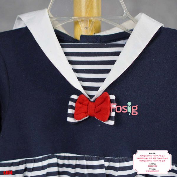  [6m] Sleepsuit Có Vớ Bé Gái - Navy Sọc Nơ Đỏ 