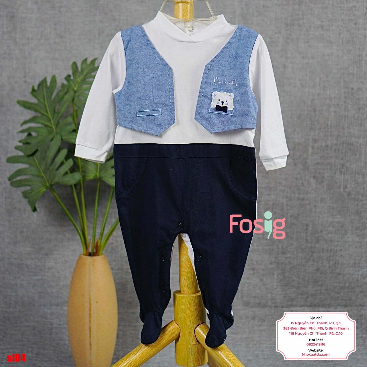  [6m] Sleepsuit Có Vớ Bé Trai - Trắng Xanh Navy Gấu 