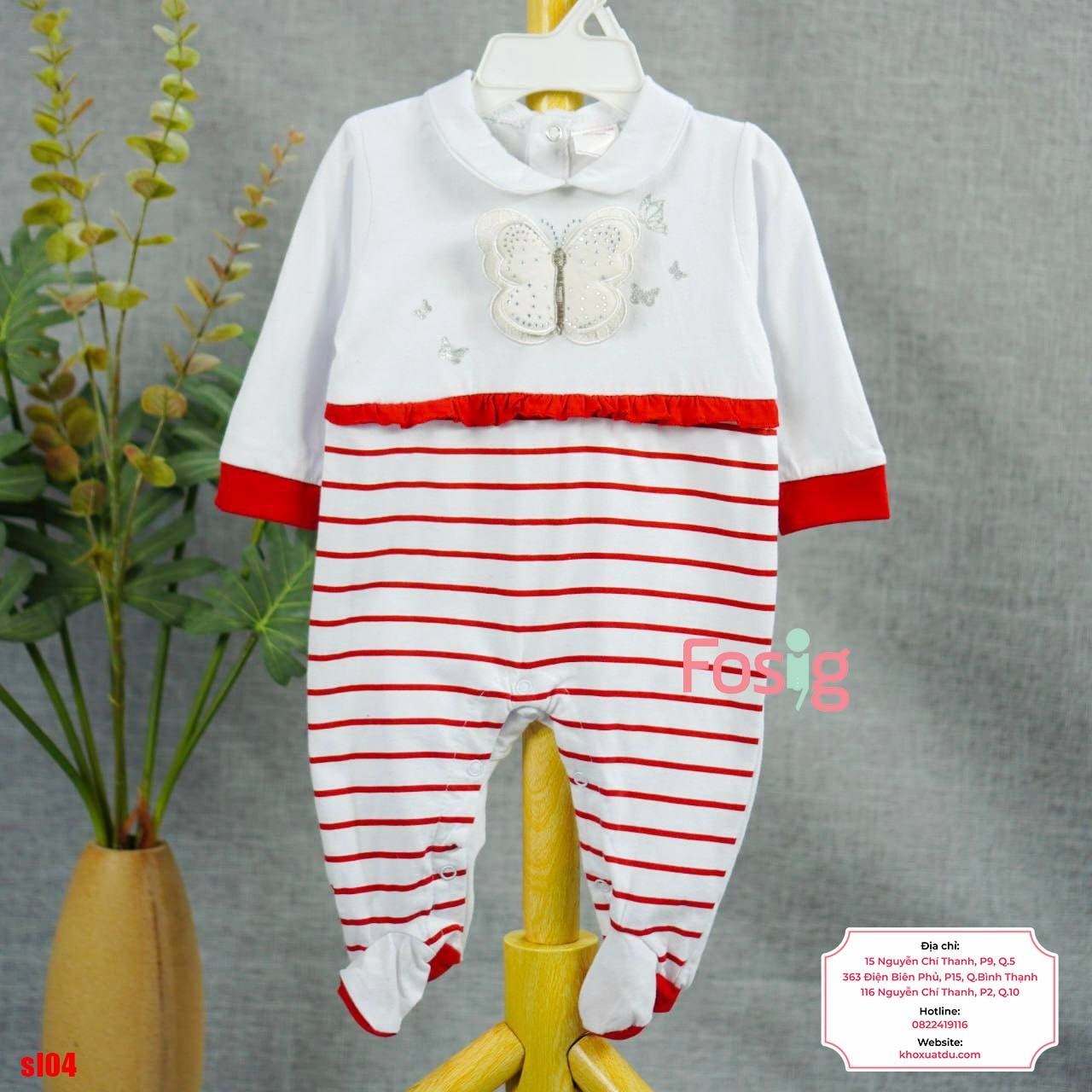  [6m] Sleepsuit Có Vớ Bé Gái - Trắng Sọc Đỏ Bướm 