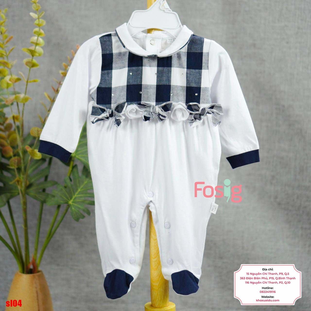  [3-6m] Sleepsuit Có Vớ Bé Gái - Trắng Caro Nơ Navy 