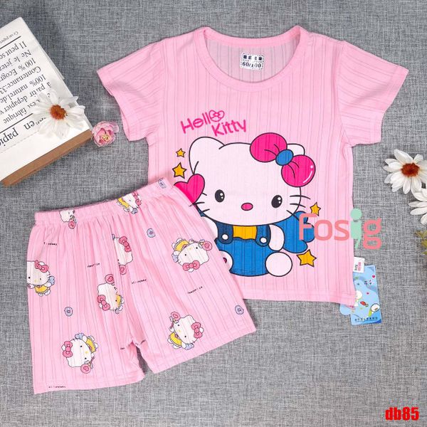  [7-14kg] Set Đồ Bộ Ngủ Ngắn Sợi Tre Xuất Hàn Bé Gái - Hồng Hello Kitty 