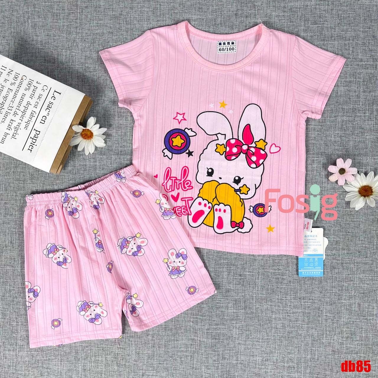  [7-19kg] Set Đồ Bộ Ngủ Ngắn Sợi Tre Bé Gái - Hồng Thỏ Lttle Sweet 