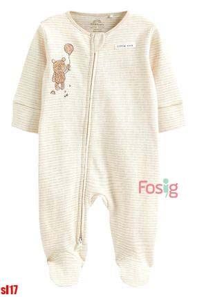  [3-6m] Sleepsuit Có Vớ Khóa Kéo Bé Trai NXT - Kem Sọc Gấu 