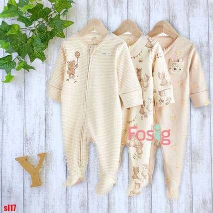  [3-6m] Sleepsuit Có Vớ Khóa Kéo Bé Trai NXT - Kem Sọc Gấu 