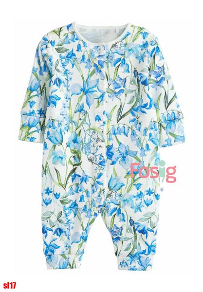  [4-16kg] Sleepsuit Không Vớ Cúc Bấm Bé Gái NXT - Trắng Hoa Xanh 