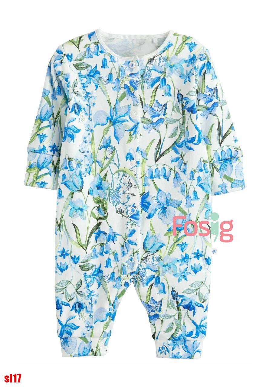 1m-6m,2-3y Sleepsuit Không Vớ Cúc Bấm Bé Gái NXT - Trắng Hoa Xanh