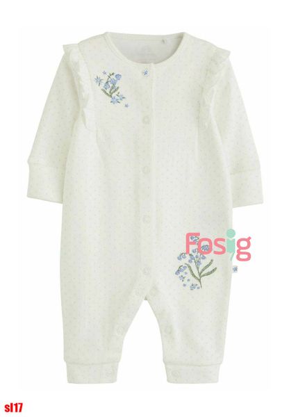  [6-15kg] Sleepsuit Không Vớ Cúc Bấm Bé Gái NXT - Trắng Chấm Hoa Xanh 