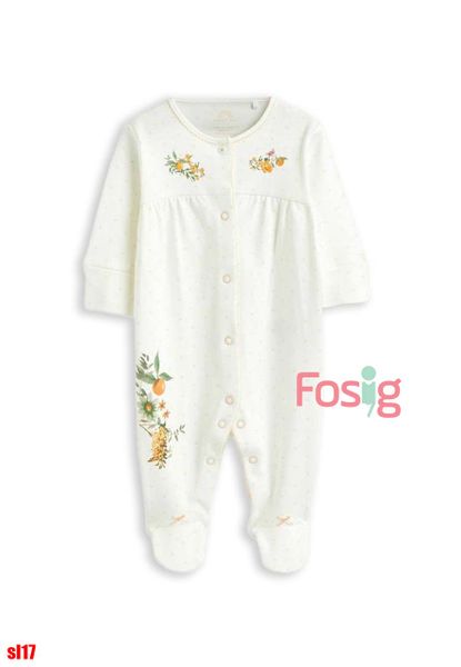  [4-15kg] Sleepsuit Có Vớ Cúc Bấm Bé Gái NXT - Trắng Chấm Hoa Cam 