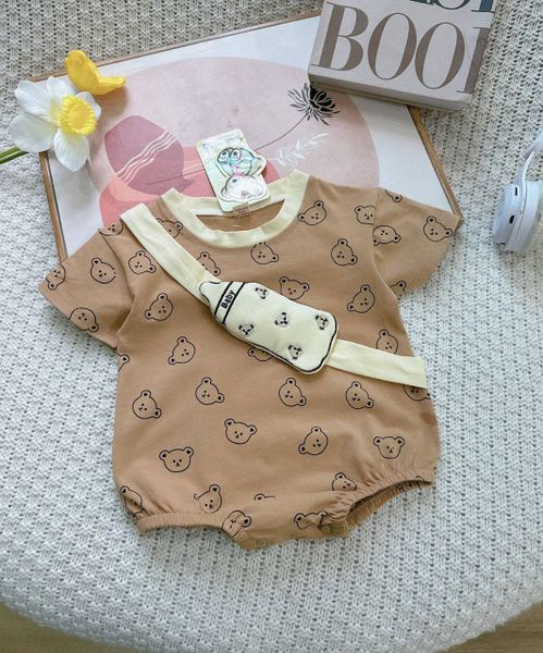  4-12kg Romper Tay Ngắn Gấu Thêu Bình Sữa Nổi Cho Bé Unisex - Nâu Gấu 