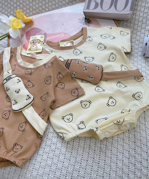  4-12kg Romper  Tay Ngắn Gấu Thêu Bình Sữa Nổi Cho Bé Unisex - Kem Gấu 