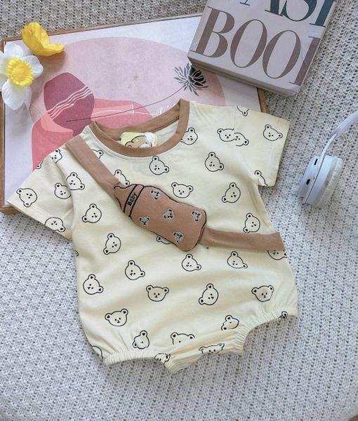  4-12kg Romper  Tay Ngắn Gấu Thêu Bình Sữa Nổi Cho Bé Unisex - Kem Gấu 