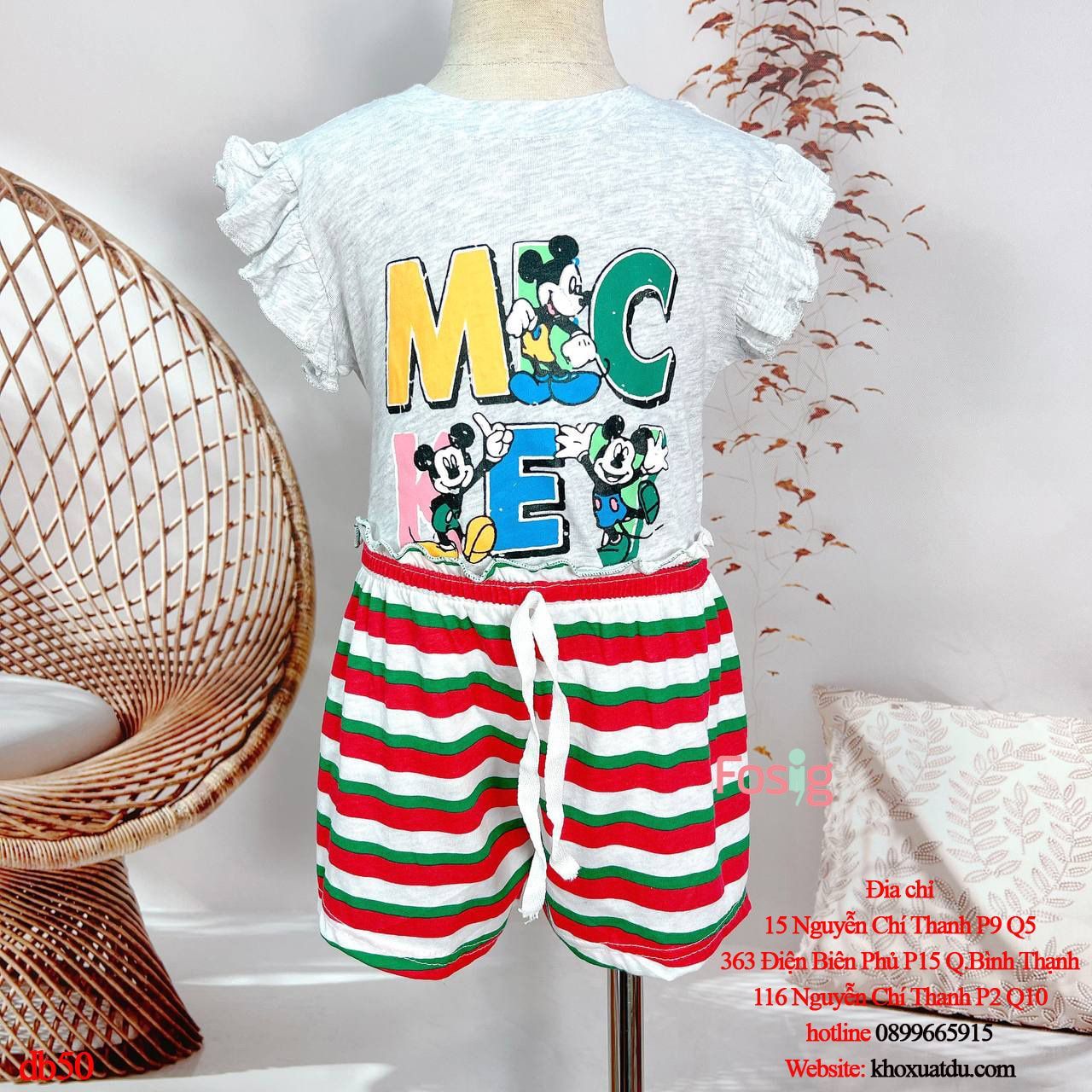  11kg - 21kg Set Đồ Bộ Ngắn Cánh Tiên Bé Gái RD - Xám Mickey 