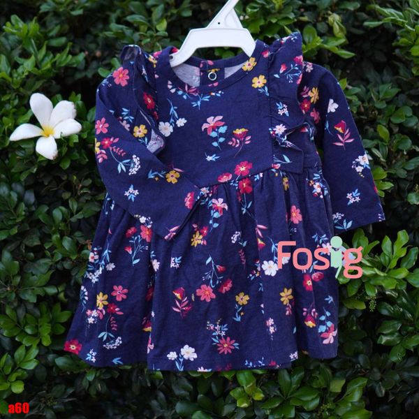  [3m-6m] Đầm Cotton Tay Dài Bé Gái Cter - Navy Hoa Đỏ Vàng 