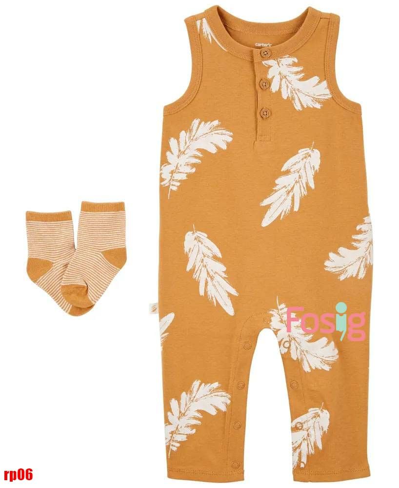 3m 6m 12m Romper Đùi Bé 3 lỗ Trai Cter- Nâu vàng Lá trắng RP06