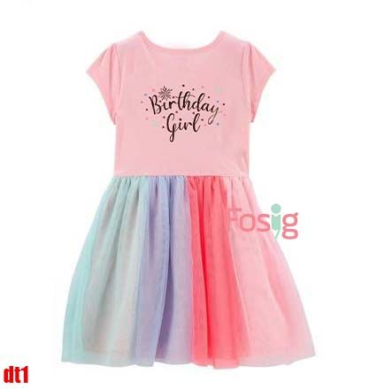  15-17kg; 20-22kg; 28-32kg Đầm Thun voan Tay Ngắn Bé Gái Cter- Hồng chữ birthday DT1 