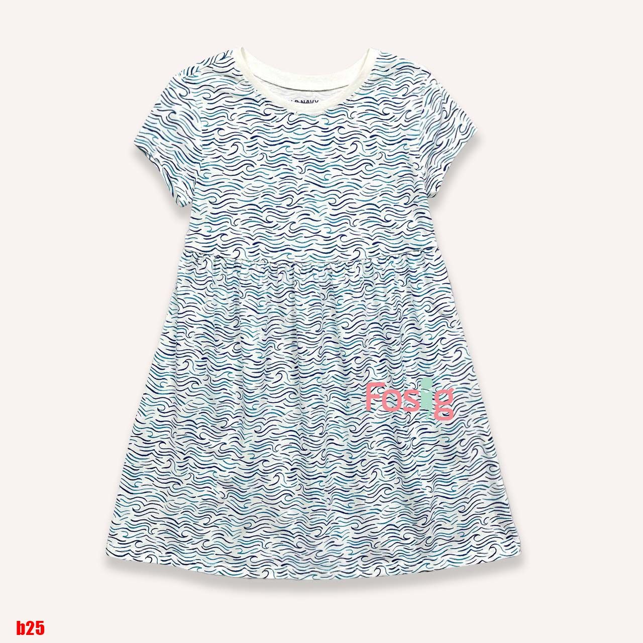 11-12kg; 14-17kg Đầm thun coton Tay ngắn ON- Kem vân sóng xanh B25