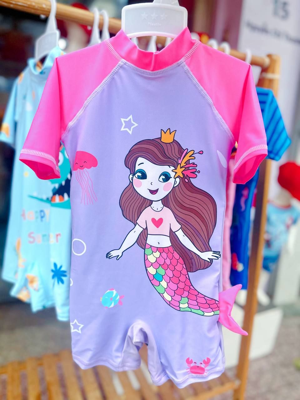 9-14kg; 18-20kg Set 2 món nón và đồ bơi liền thân (bộ nhái) cho bé gái- Tím tóc nâu B08