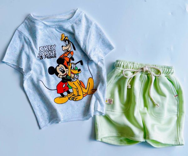  [12-13kg; 16-25kg] Set Đồ Bộ Ngắn Quần Dây Rút RD Bé Trai - Trắng Mickey Quần Xanh 