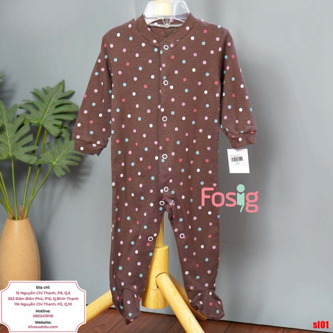  [6m] Sleepsuit Có Vớ Bé Gái - Nâu Chấm Nhỏ 